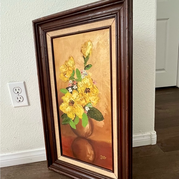 Vintage Original Oil Painting of Yellow Flowers In Vase by Andy 15/26 Framed - Picture 15 of 15